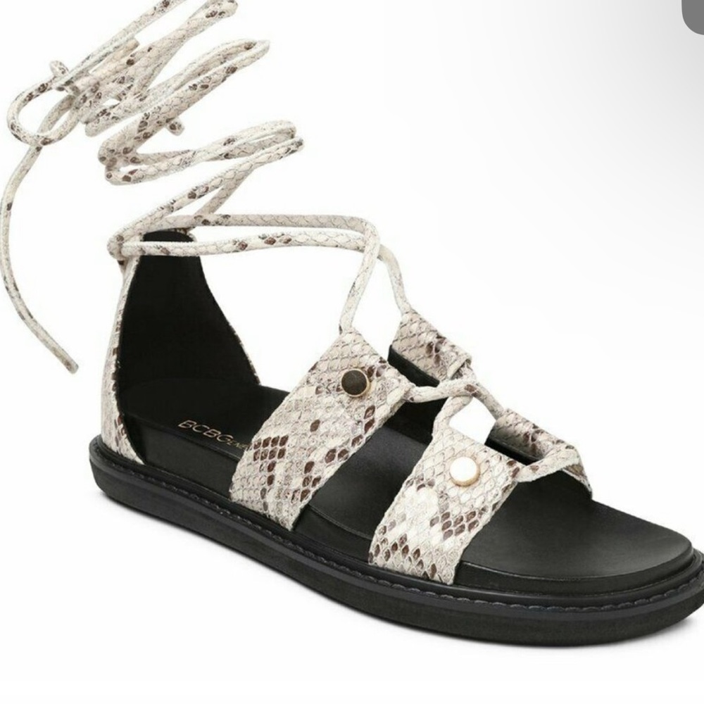 BCBGeneration Millie Lace Up Ivory Snake Skin Sandal  NIB
